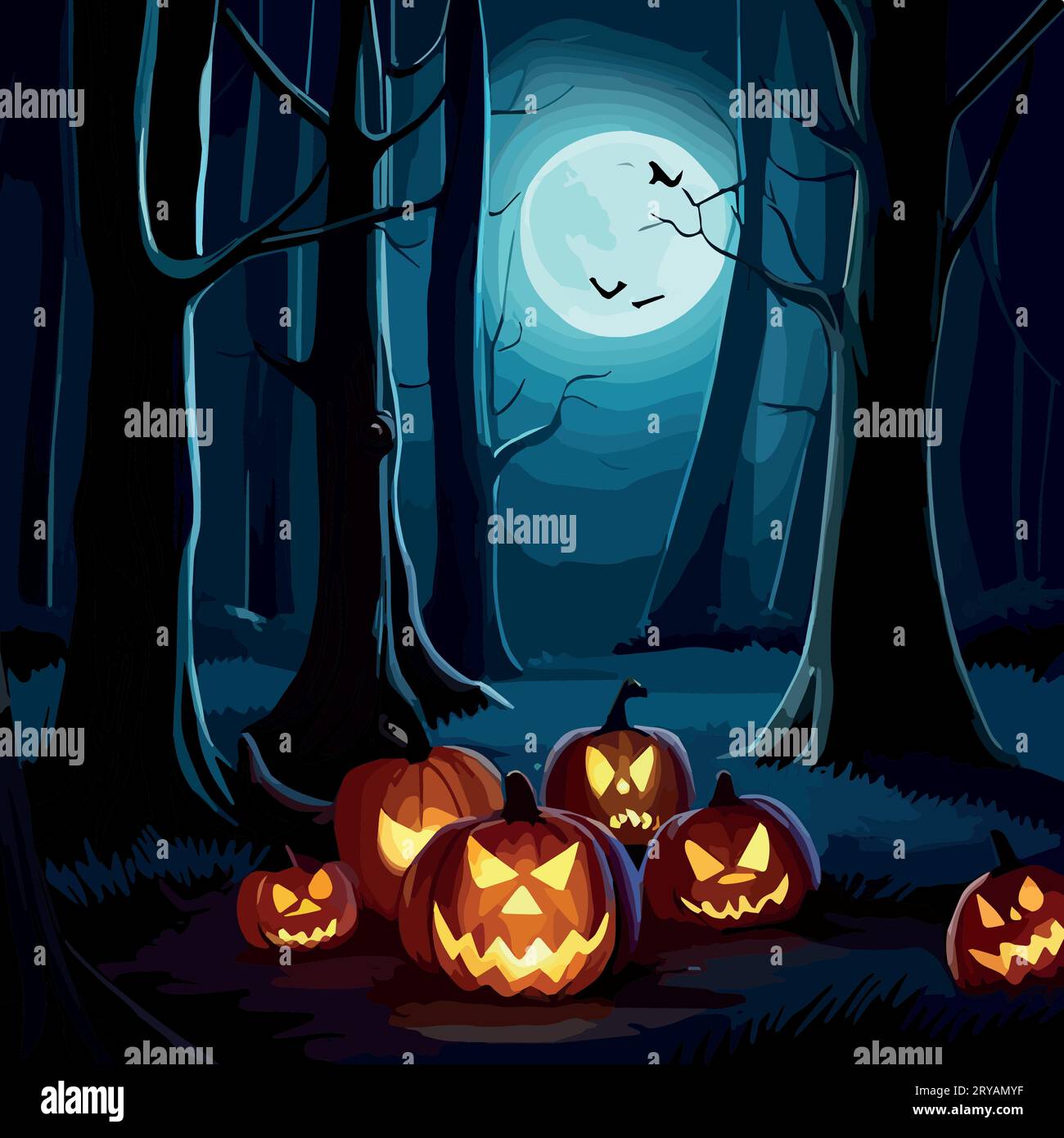Halloween Pumpkins and Silhouettes trees in dark night forest with blue ...