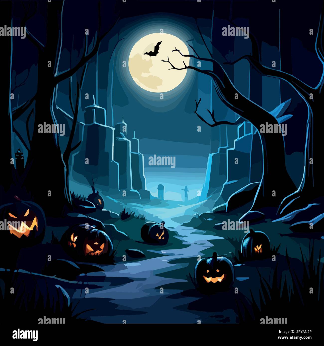 Halloween Pumpkins and Silhouettes trees in dark night forest with blue ...