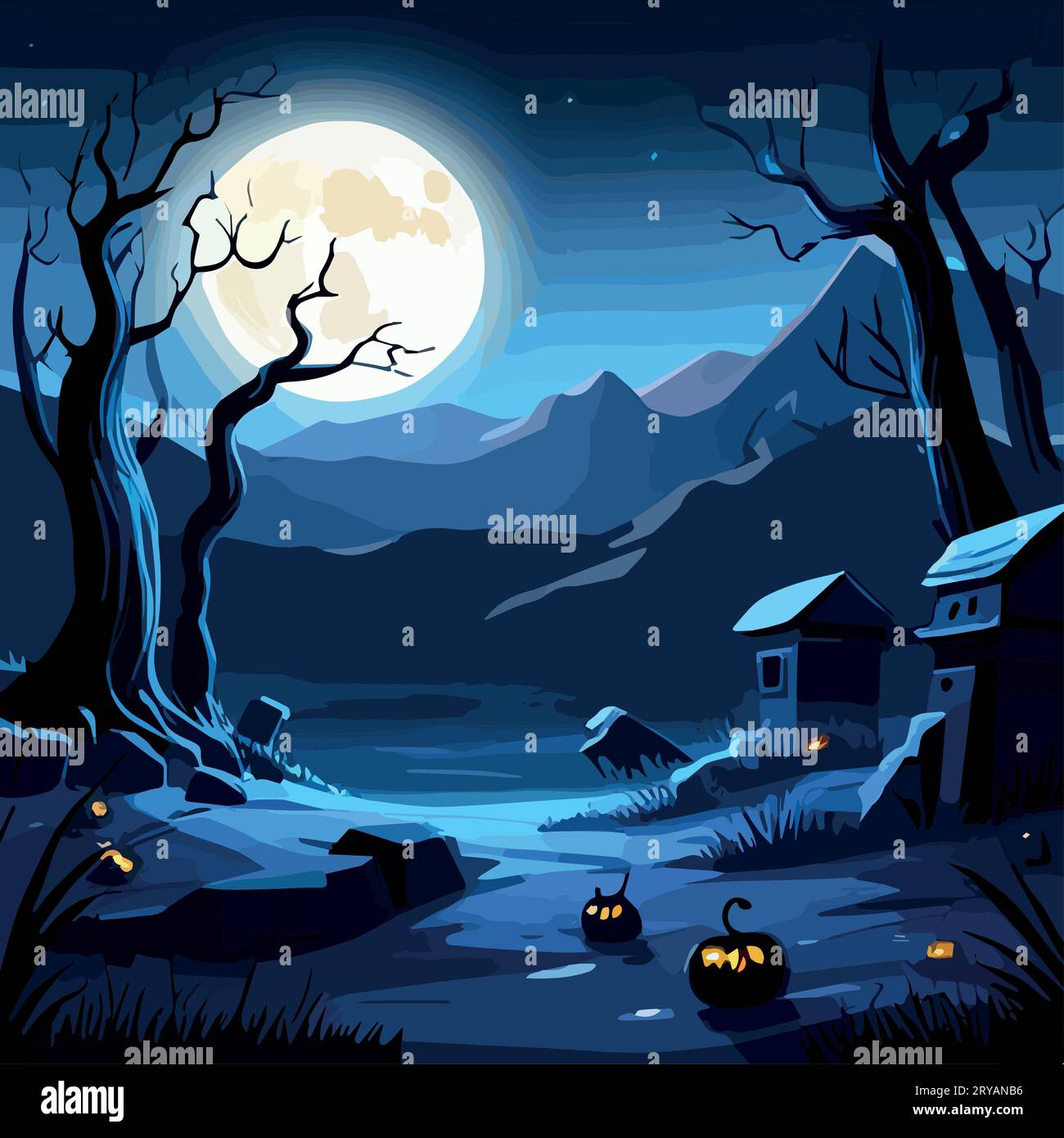Halloween Pumpkins and Silhouettes trees in dark night forest with blue ...