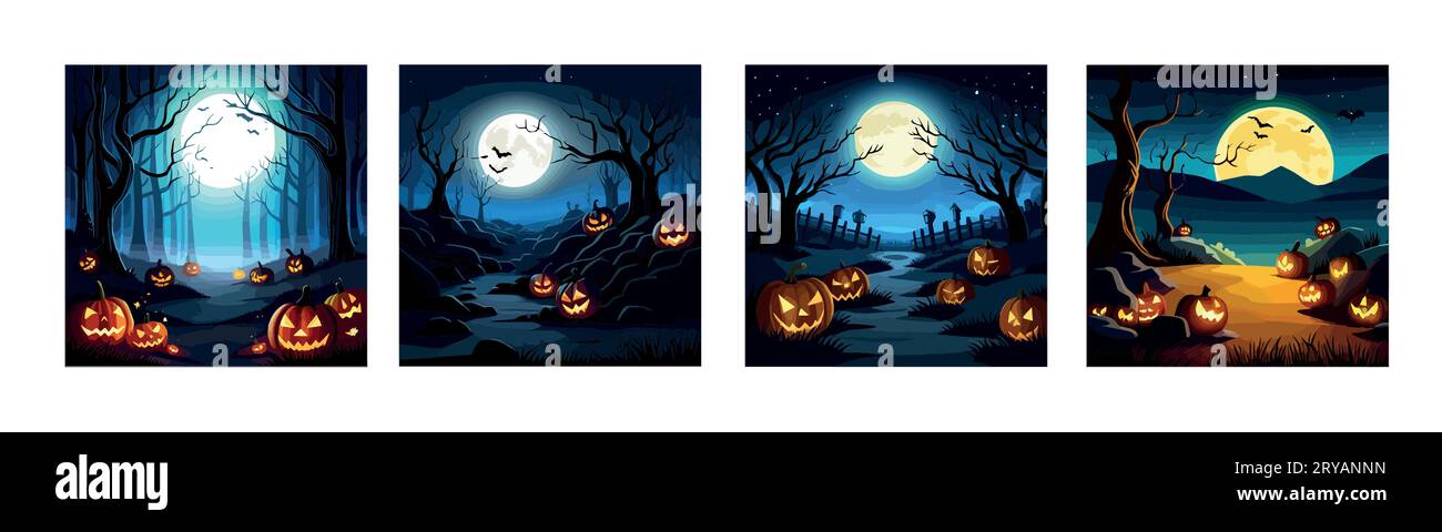 Set banner Halloween spooky scary pumpkins scene. Scary creepy forest in october dark night autumn gloomy creepy fall landscape. Happy Halloween outdoor backdrop concept vector illustration Stock Vector