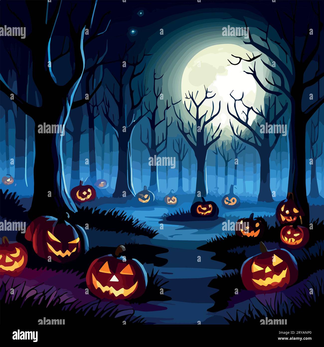 halloween-scene-night-mysterious-misty-forest-with-glowing-pumpkins
