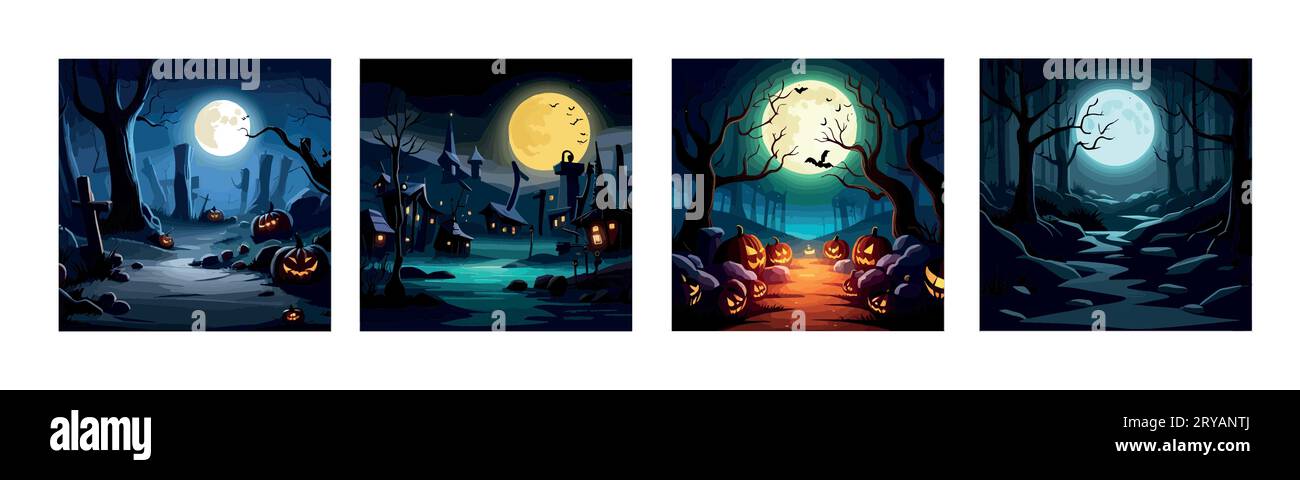 Set banner Halloween spooky scary pumpkins scene. Scary creepy forest in october dark night autumn gloomy creepy fall landscape. Happy Halloween outdoor backdrop concept vector illustration Stock Vector