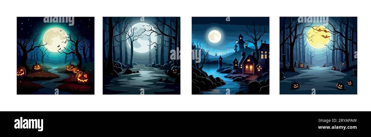 Set banner Halloween spooky scary pumpkins scene. Scary creepy forest ...