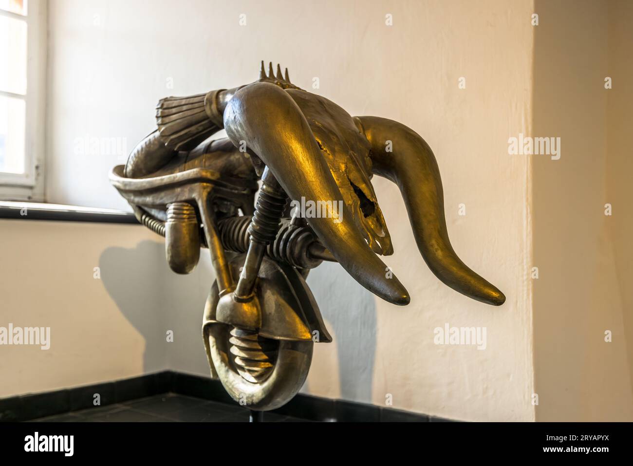 Sculpture by Hans-Ruedi Giger in the HR Giger Museum at St. Germain Castle in Gruyères. HR Giger Museum in Épagny Greyerz, Switzerland Stock Photo