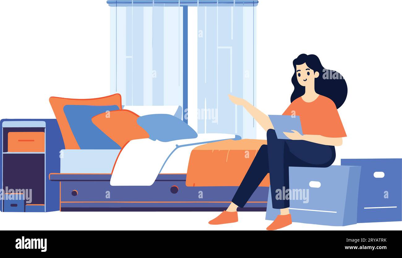 Hand Drawn A female character is reading a book in the bedroom in flat style isolated on background Stock Vector