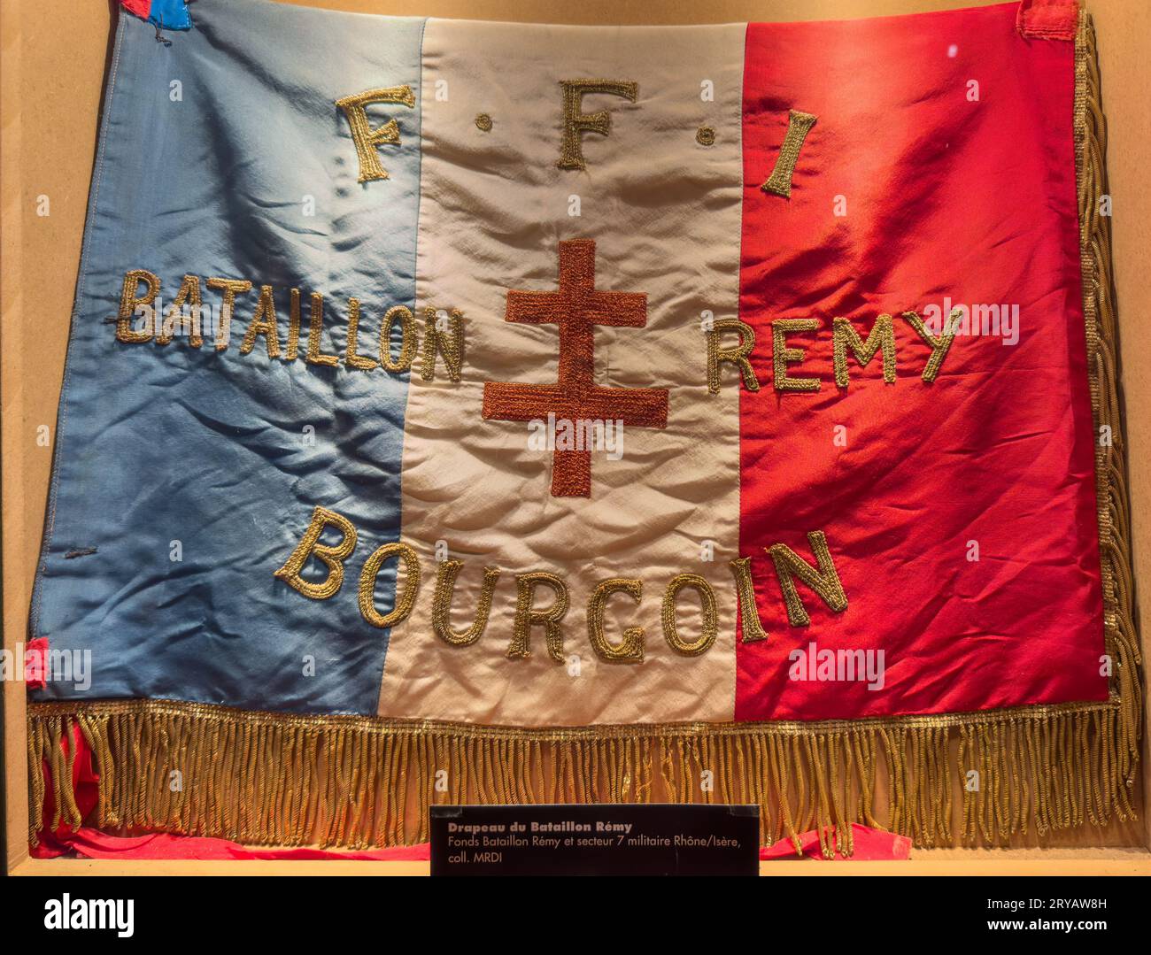 The flag of the WW2 French Resistance Remy Battalion flag on display on the Resistance and Deportation Museum, Grenoble, France. The battalion was wit Stock Photo