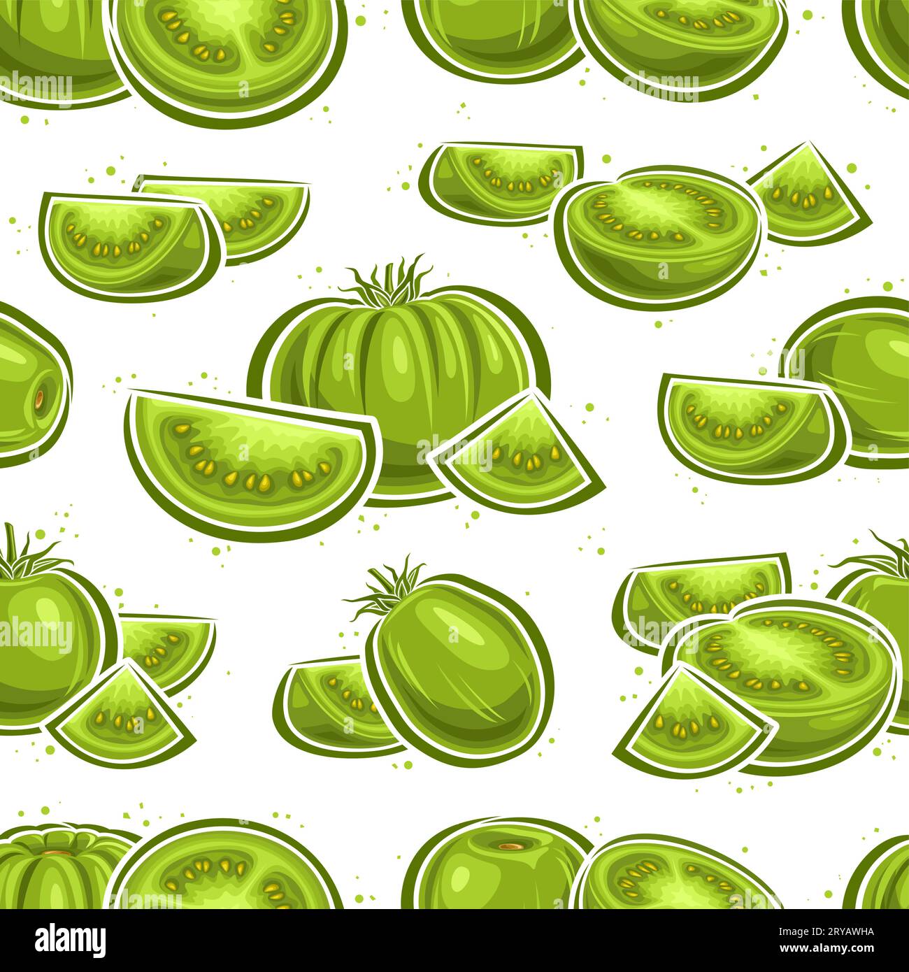 Vector Green Tomato seamless pattern, repeating background with still life compositions of tomatoes for bed linen, decorative square poster with group Stock Vector