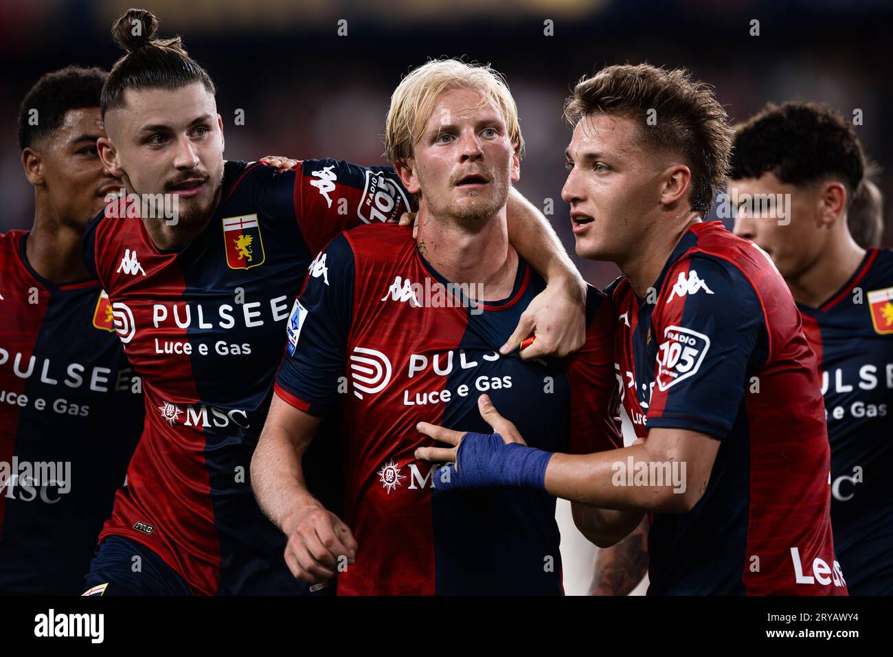 Morten Thorsby of Genoa celebrates with his team-mates after