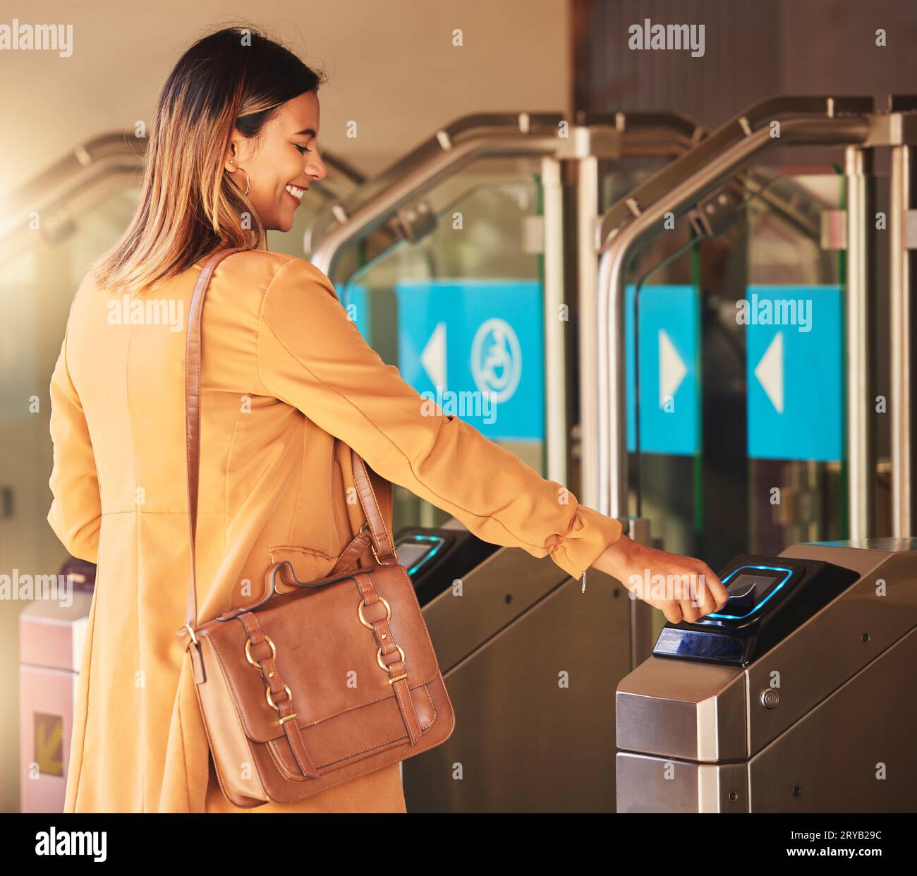 Access control, happy business woman and card for security with safety ...