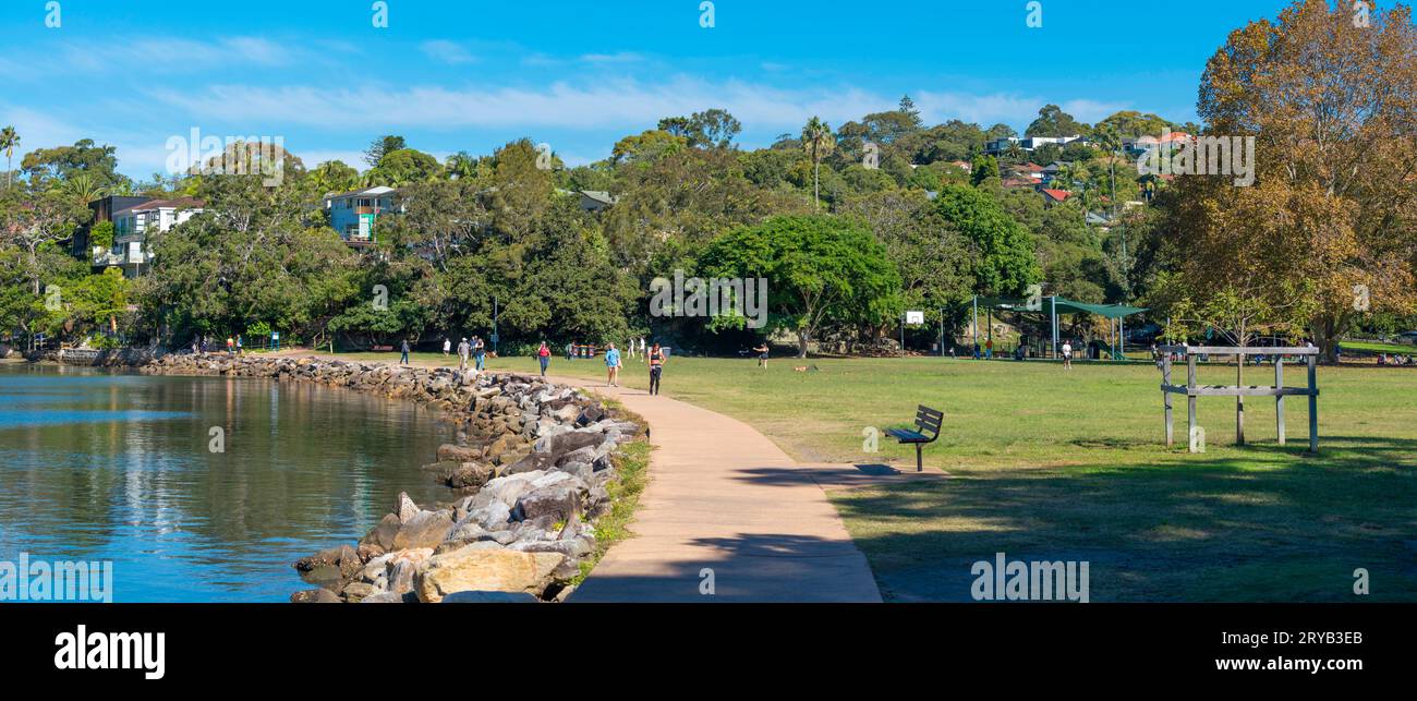 A panoramic image of North Harbour Reserve in the suburb of Balgowlah that faces onto Sydney Harbour near Manly in Australia Stock Photo