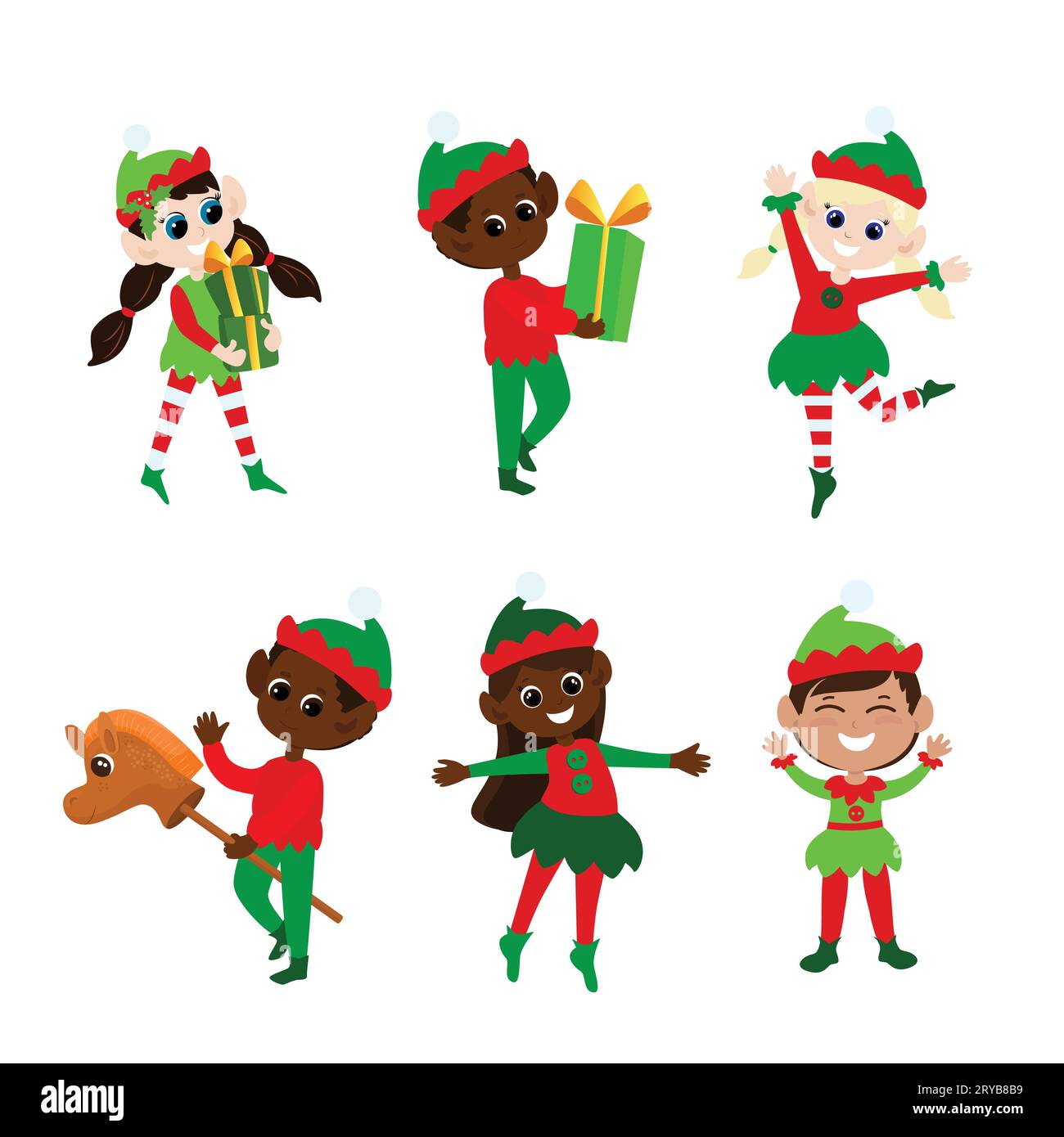 Set Christmas elves. Multicultural boys and girls in traditional elf costumes. They dance, smile, bring gifts,  rides on a wooden horse. Stock Vector