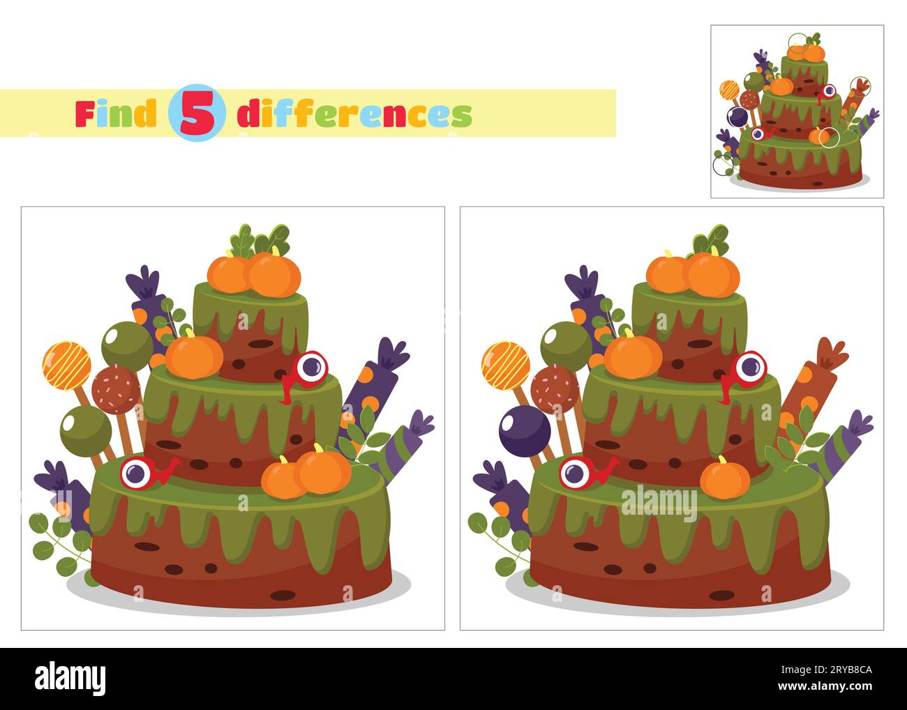 Find the differences. Halloween cake three tiers in cartoon style isolated on white background. Vector illustration for design of Halloween party, hol Stock Vector
