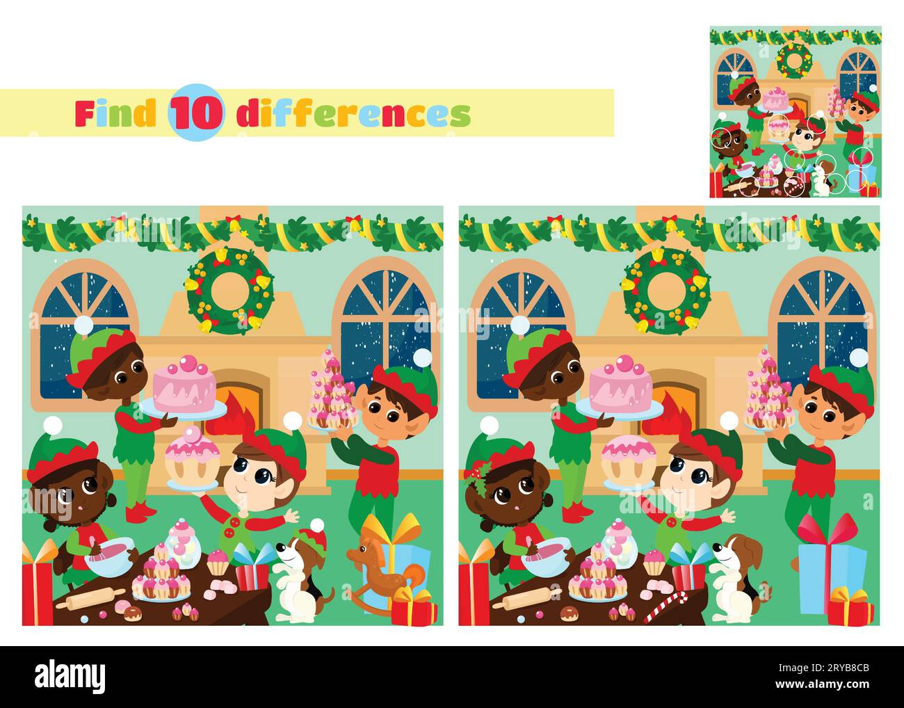 Find the differences. Evening scene inside the house of Santa Claus. Cute little elves are cooking by the fireplace. They prepared festive pancakes. Stock Vector