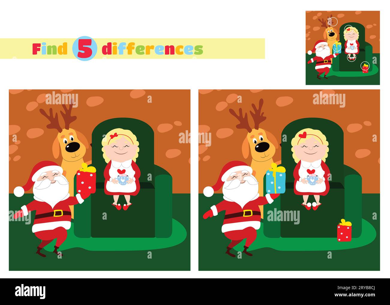 Find the differences. Santa Claus is holding a present for Mrs. Santa. Christmas mother sits on a couch in the house and drinks hot chocolate. Stock Vector
