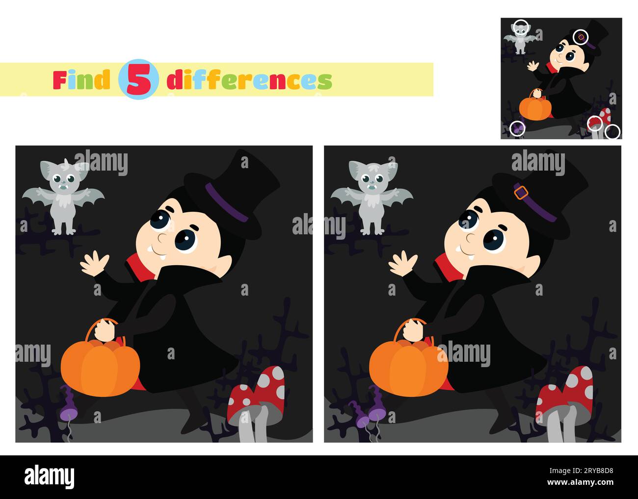 Find the differences. A little boy dressed in a vampire costume cheerfully runs with a basket of pumpkins against the background of bushes. Stock Vector