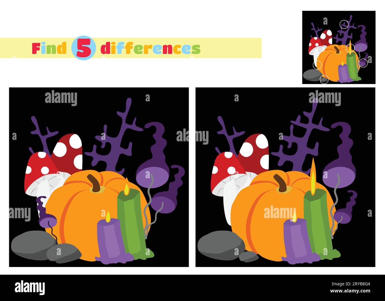 Find the differences. Pumpkin and mushrooms toadstool and amanita and ritual candles and branches on a black background. Stock Vector