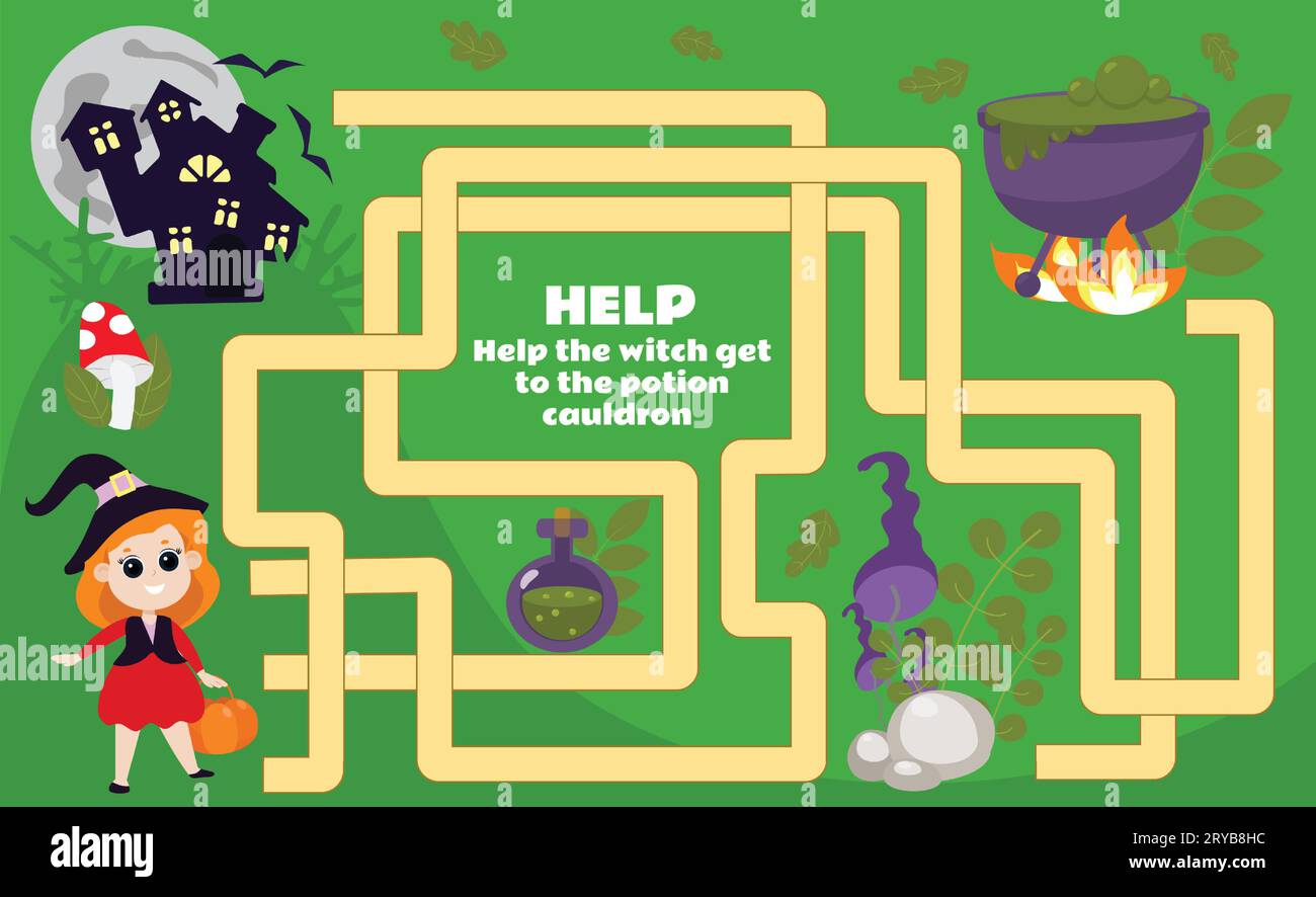Help the little witch find the potion. Maze for children on Halloween. Cartoon positive characters. Stock Vector