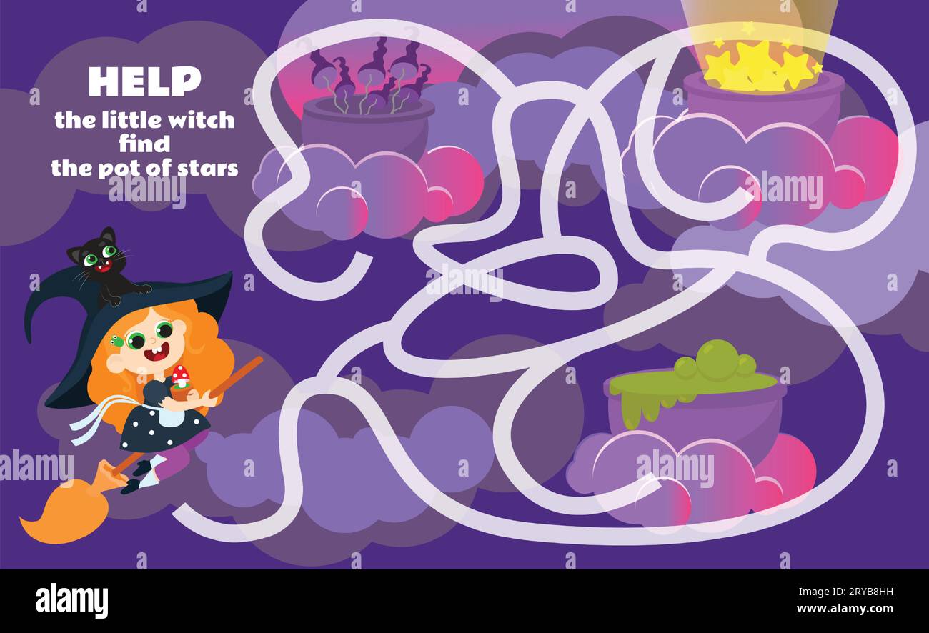 Maze game for children Help the witch get to the cauldron with stars. A Halloween game with a cute character. Working sheet. Stock Vector