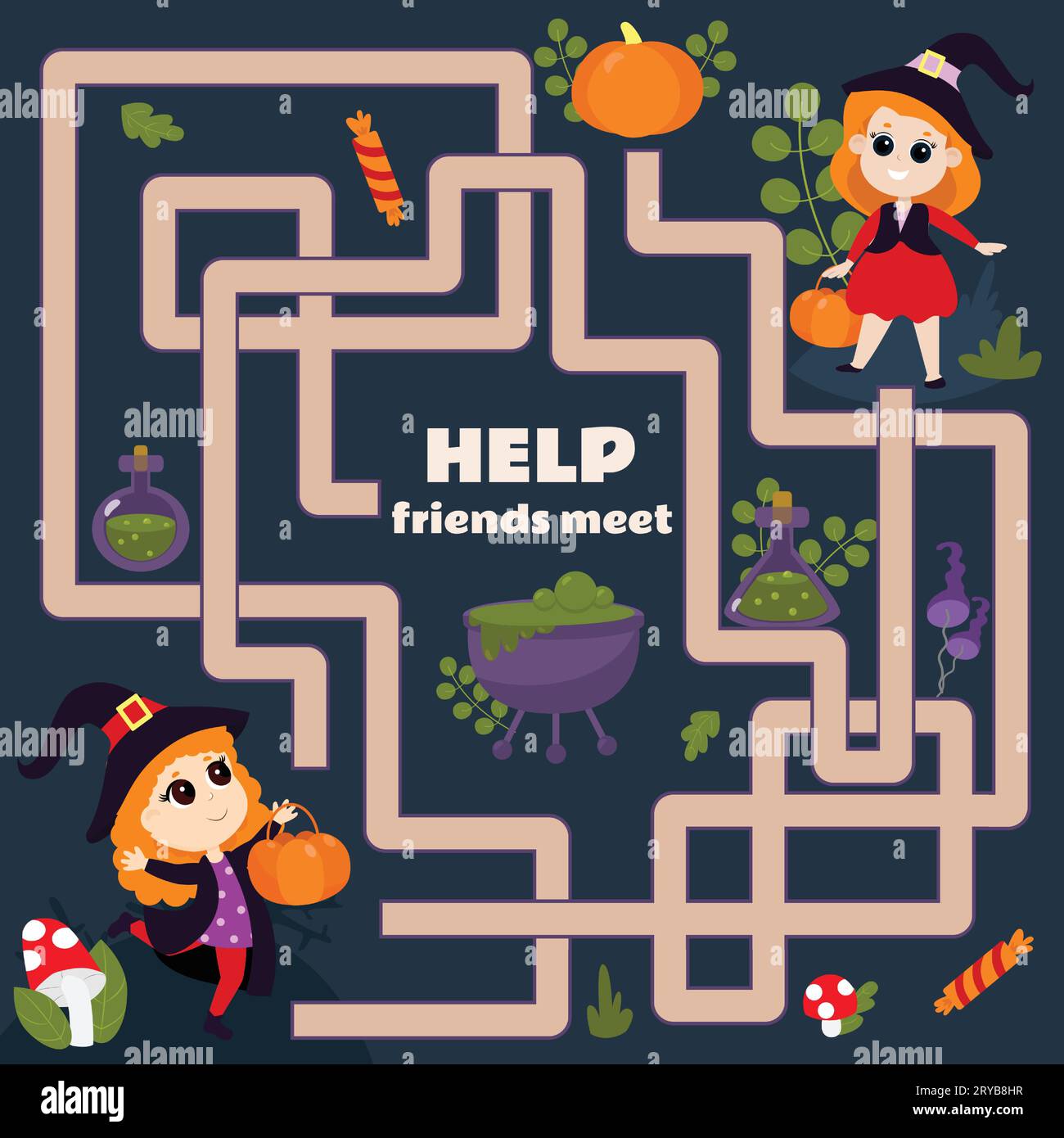 Maze game for children Help the witches meet. A Halloween game with a cute character. Worksheet for kindergartens and schools. Stock Vector