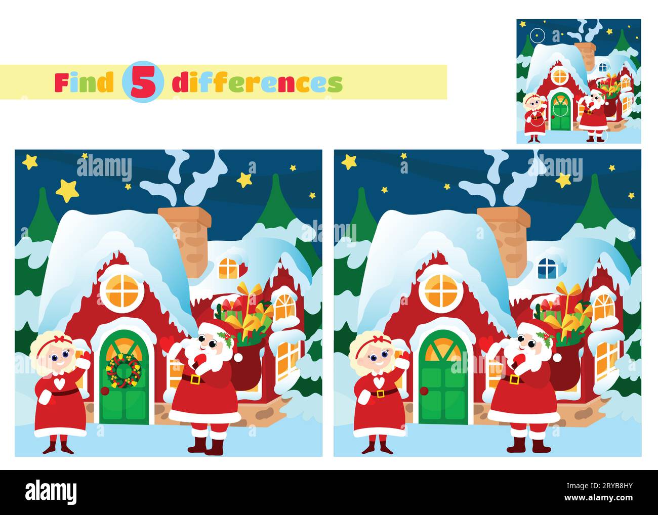Find the differences. Evening scene in front of Santa Claus' house. Santa and Mrs. Santa stand in front of the door and invite you inside. Stock Vector