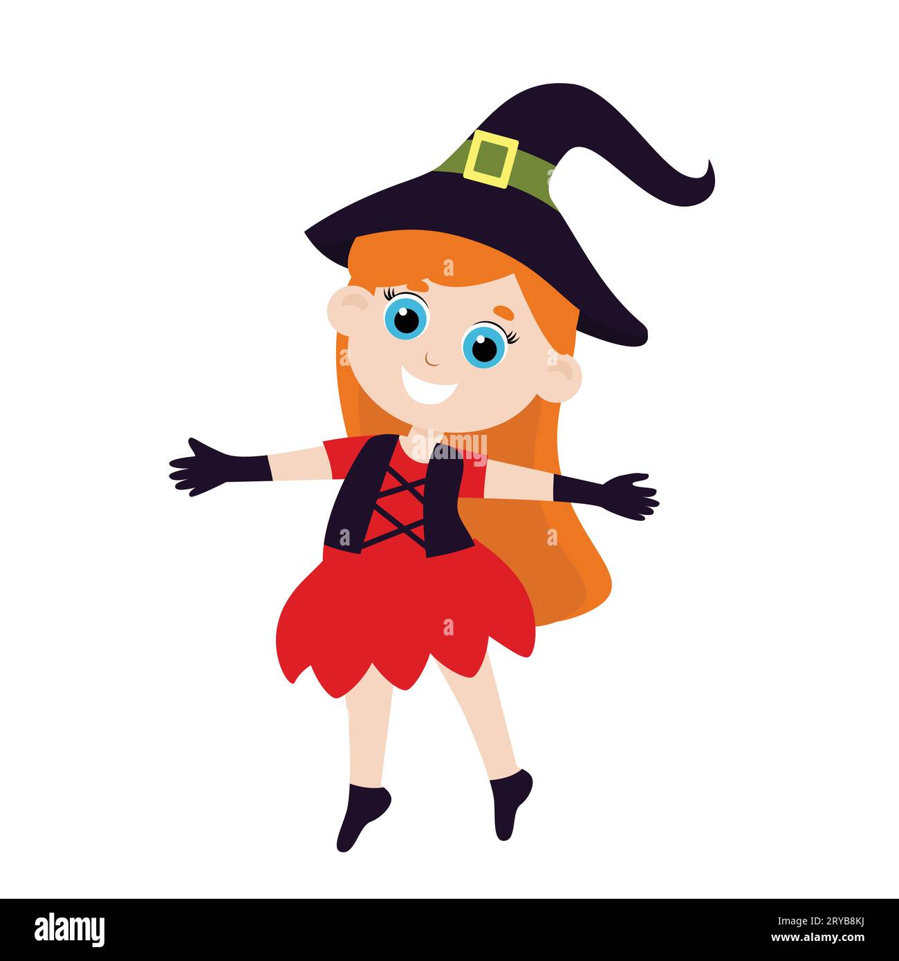 A girl in a witch costume and a hat. Halloween character design in cartoon style isolated on white background. Stock Vector