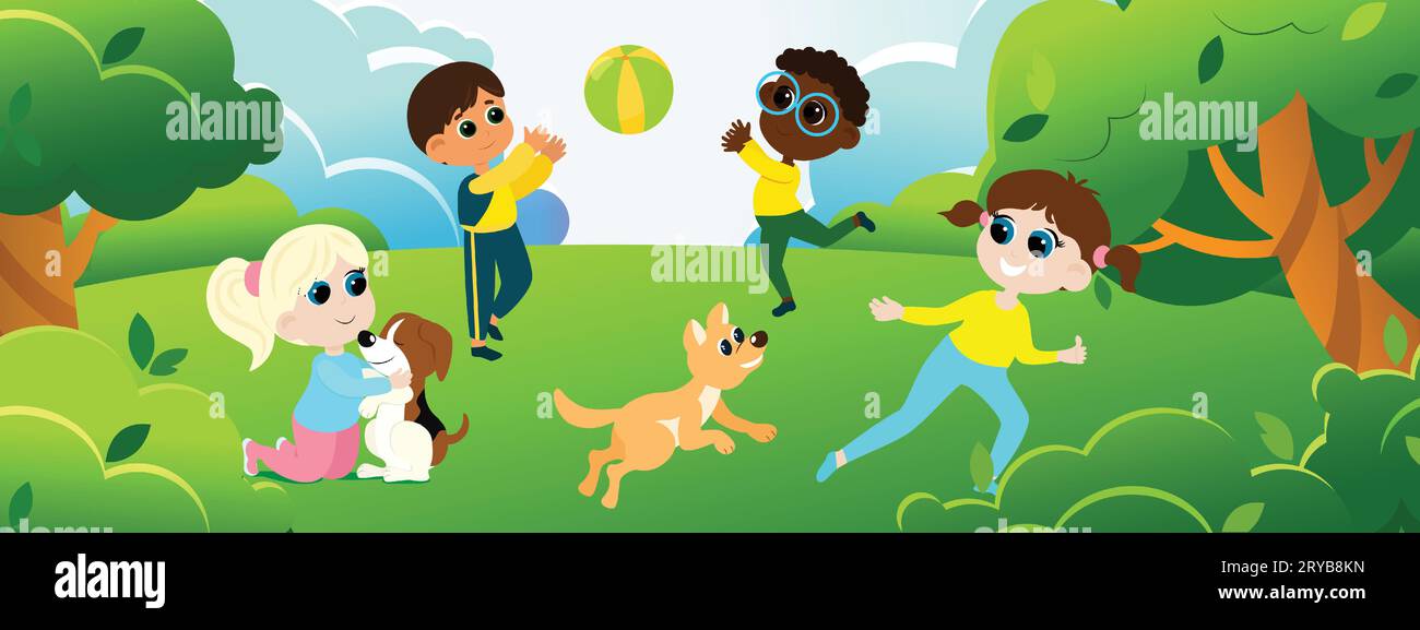 A group of international children are playing in a green park. In the meadow, a girl hugs her dog, runs with a pet, boys play ball. Spring and summer Stock Vector