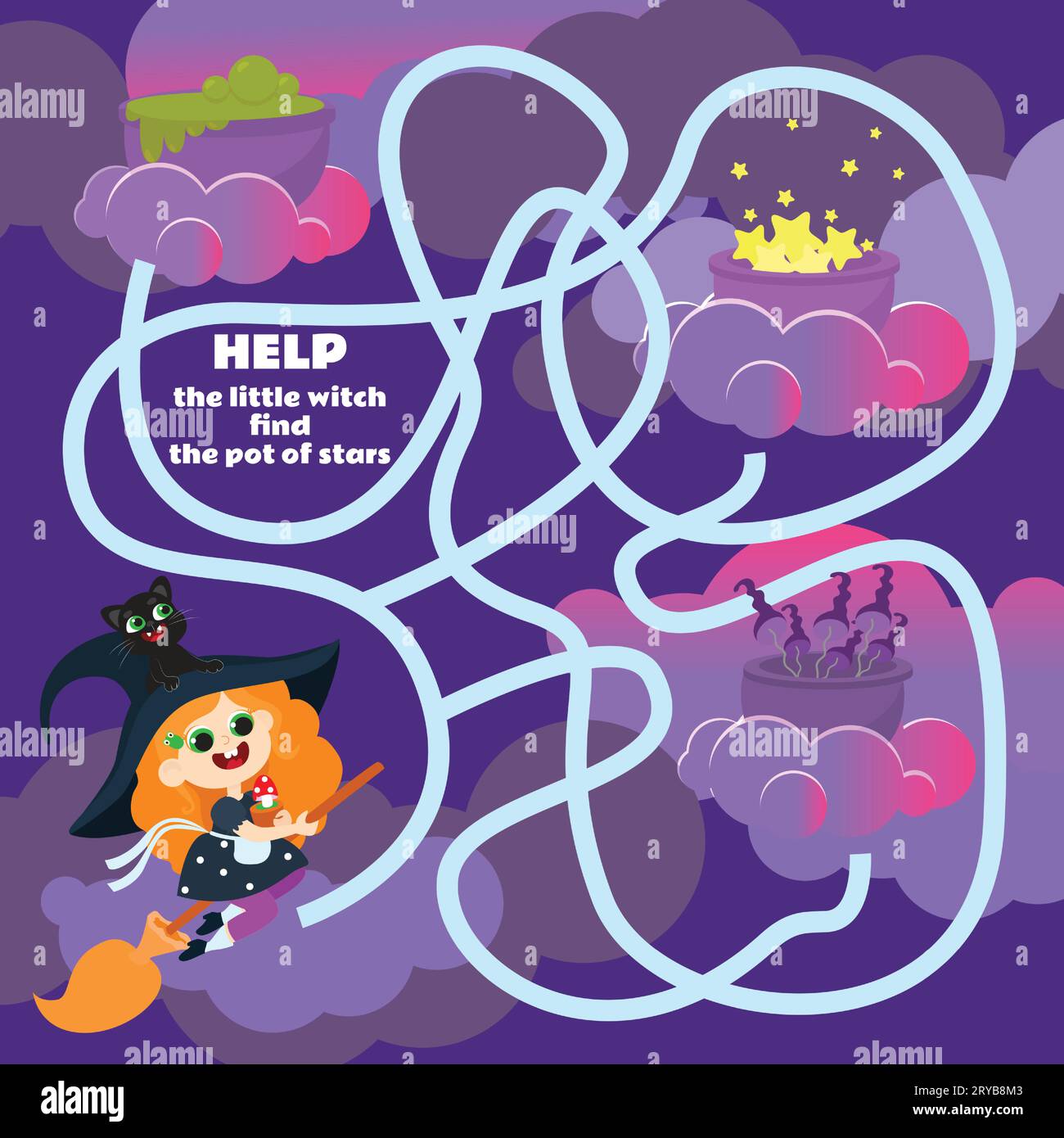 Maze game for children Help the witch get to the cauldron with stars. A Halloween game with a cute character. Worksheet for kindergartens and schools. Stock Vector