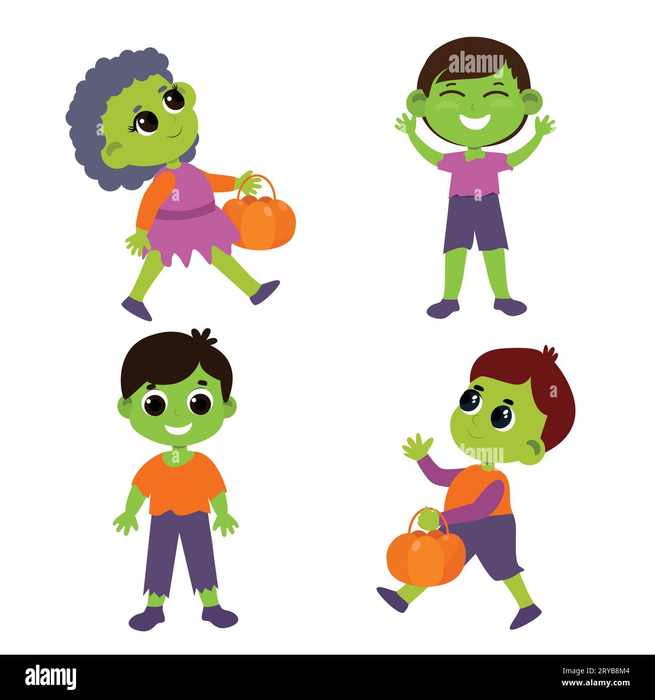 Set of children in zombie costumes with baskets in their hands. Halloween illustration in cartoon style isolated on white background. Stock Vector