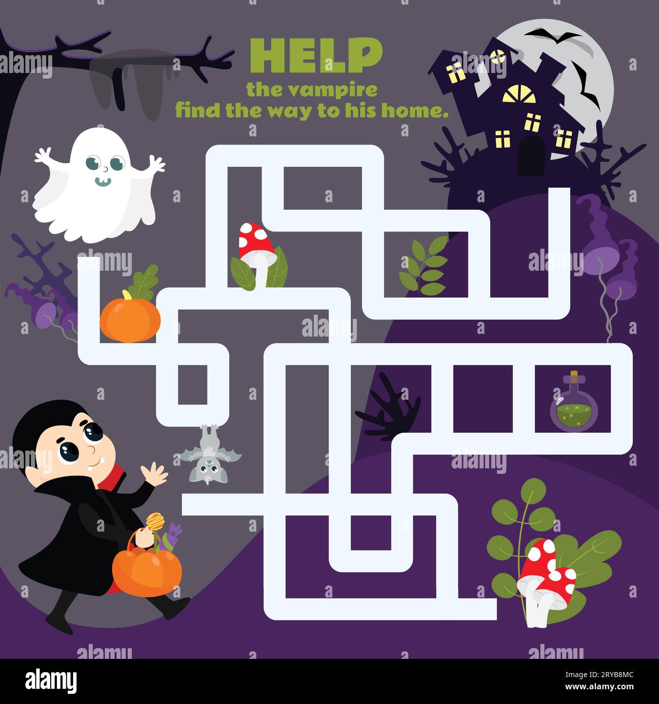 Labyrinth game for children Help the vampire boy find a home. A Halloween game with a cute character. Worksheet for kindergartens and schools. Stock Vector