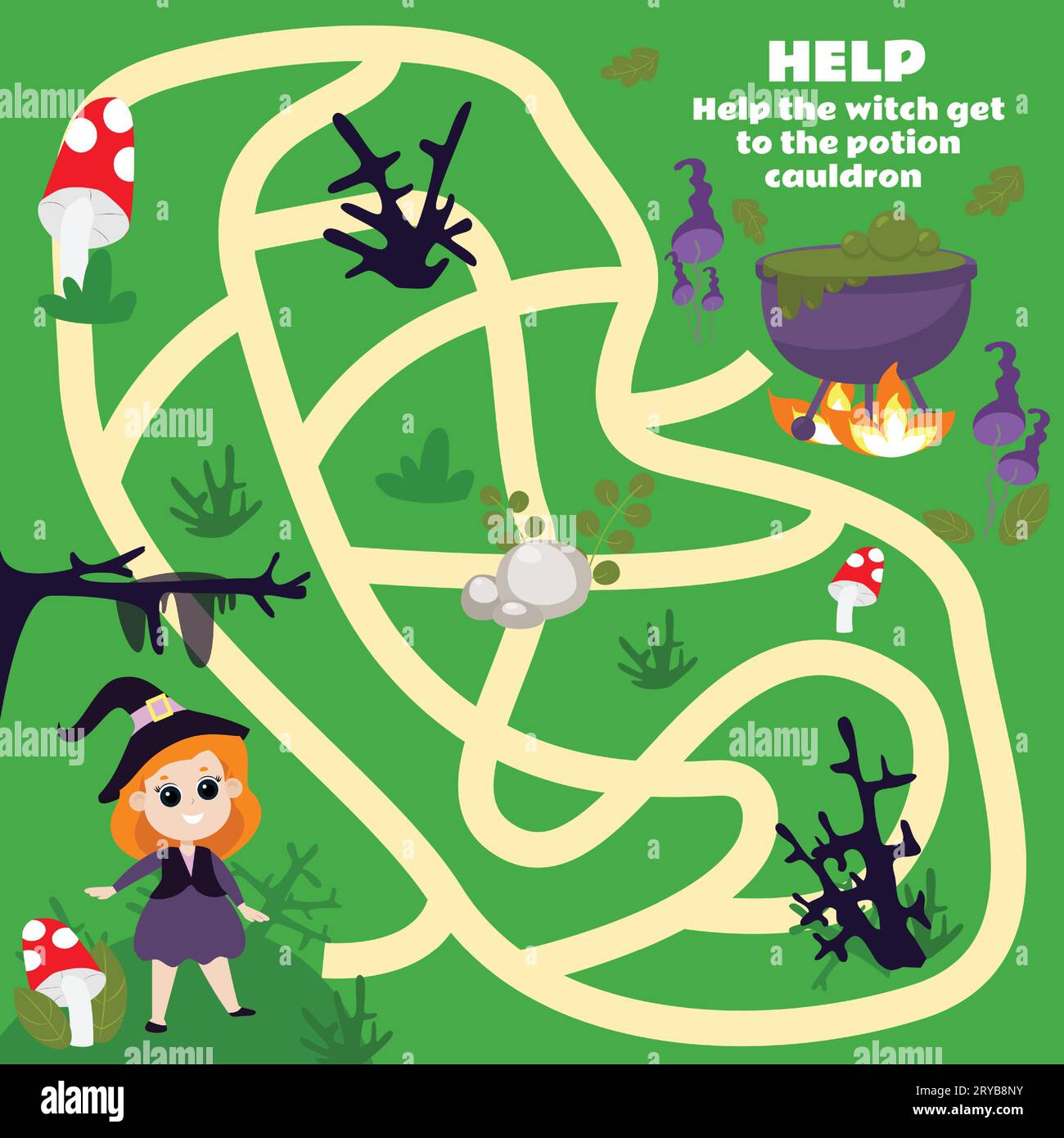 Labyrinth game for children Help the witch get to the potion cauldron. A Halloween game with a cute character. Working sheet. Stock Vector