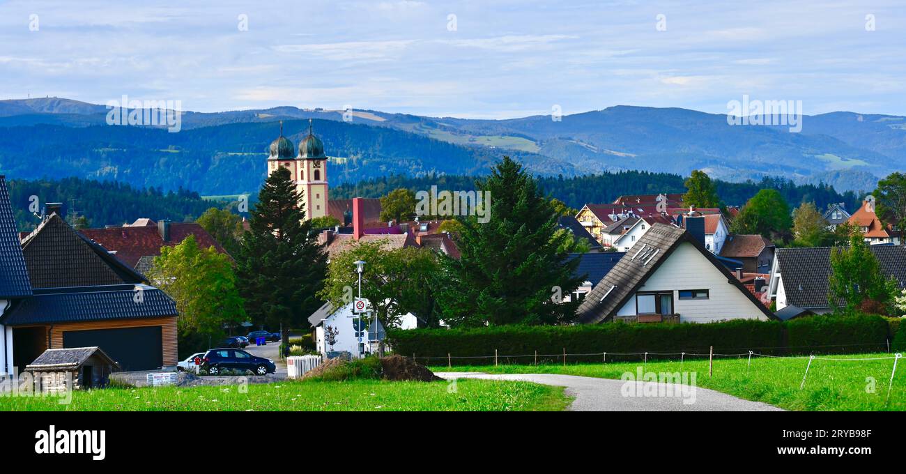 View on Sankt Märgen, located on a high plateau in the southern Black Forest. The dominant building is 'Maria Himmelfahrt' (Assumption of Mary) church Stock Photo