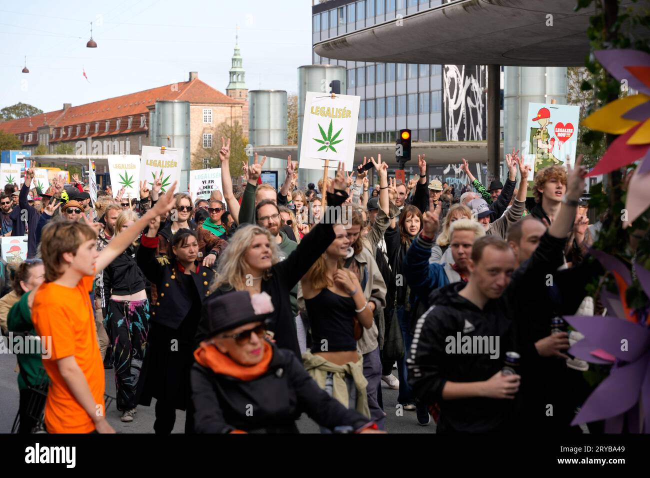Demonstration for the legalization of cannabis in Copenhagen, Saturday 30 September 2023. The demonstration goes from Christiania to Christiansborg Castle Square. Freetown Christiania in Copenhagen is known for its cannabis-friendly culture and free-spirited residents. Christiania is considered to be the fourth largest tourist attraction in Copenhagen, with half a million visitors annually. (Photo: Emil Helms/Scanpix 2023) Stock Photo