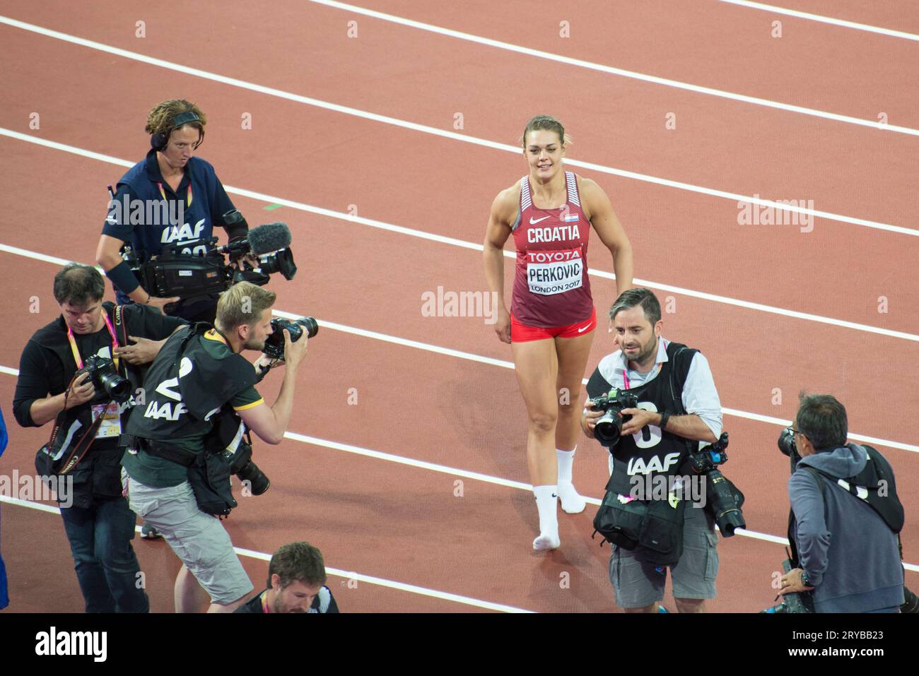 Sandra Perkovic celebrating winning the Women's Discus - London 2017 World Athletics Championship Stock Photo
