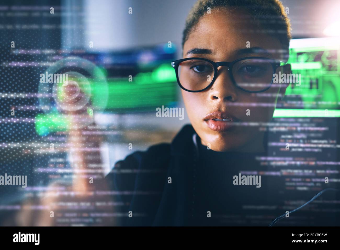 Programmer, woman with touch and code, cybersecurity with database, password and information technology. Cybersecurity, programming with ransomware Stock Photo