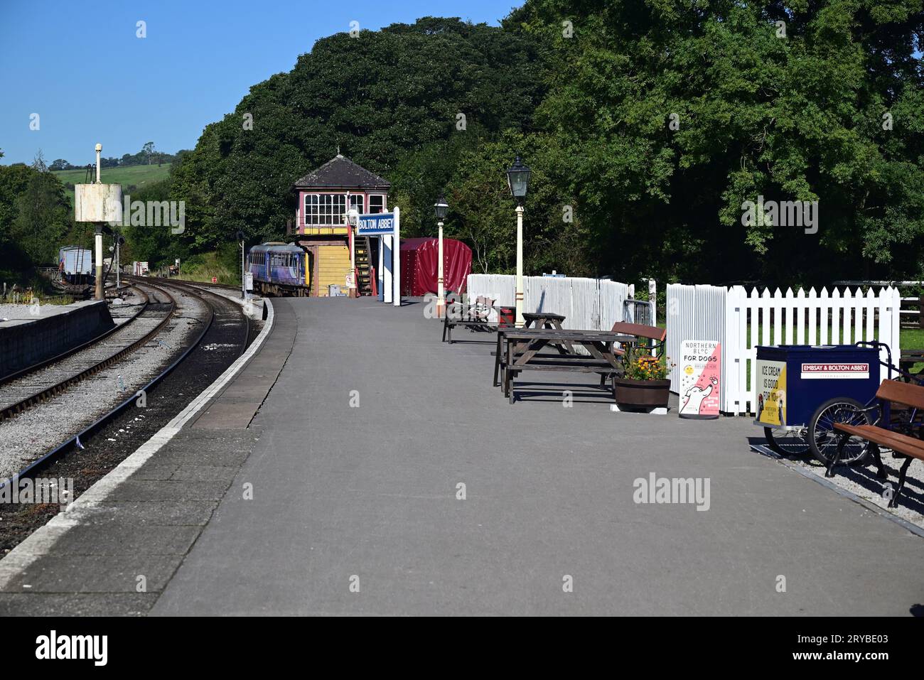 The platform and signal box at Bolton Abbey station on the Embsay & Bolton Abbey Railway, North Yorkshire. Stock Photo