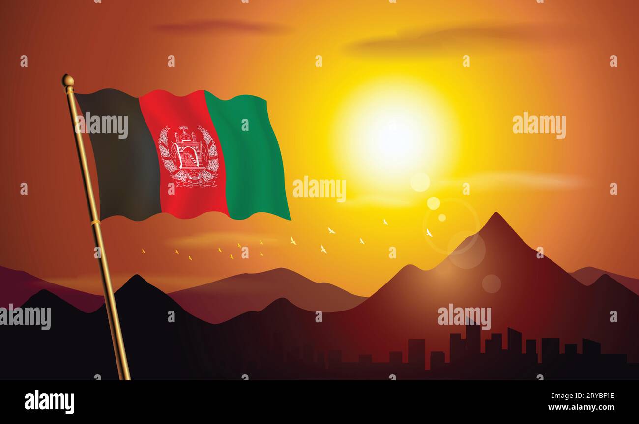 Afghanistan flag with sunset background of mountains and lakes Stock Vector