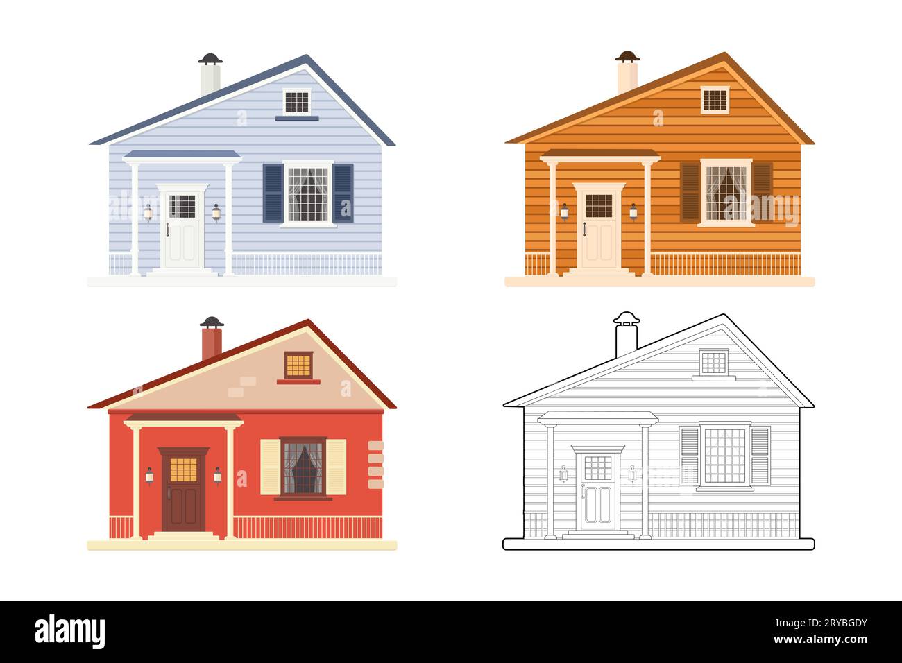 Set of cute color and contour houses. Vector illustration with editable stroke Stock Vector