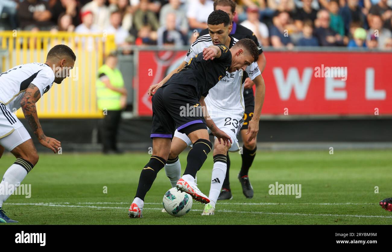 Eupen, Belgium. 30th Sep, 2023. Eupen's Isaac Christie-Davies and Anderlecht's Thorgan Hazard fight for the ball during a soccer match between KAS Eupen and RSC Anderlecht, Saturday 30 September 2023 in Eupen, on day 09/30 of the 2023-2024 'Jupiler Pro League' first division of the Belgian championship. BELGA PHOTO VIRGINIE LEFOUR Credit: Belga News Agency/Alamy Live News Stock Photo