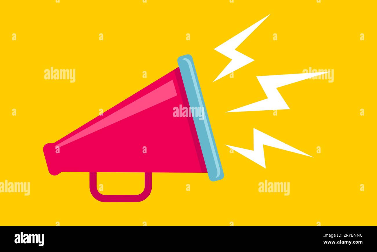 Vector icon of vintage megaphone for fake, breaking news or sale. Vector retro red megaphone with lightning on yellow background. Stock Vector