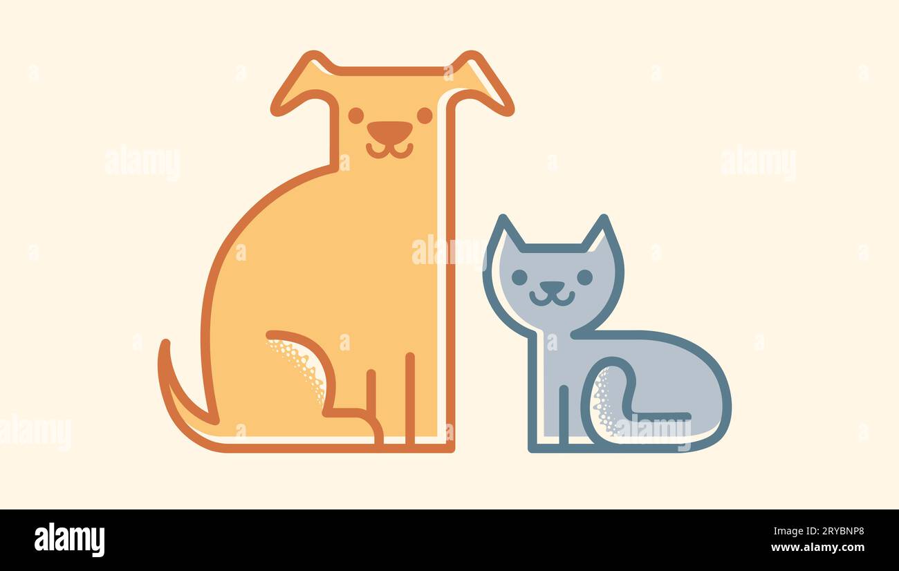 Vector flat illustration of cat and dog. Vintage emblem with pets. Cat and dog. Stock Vector