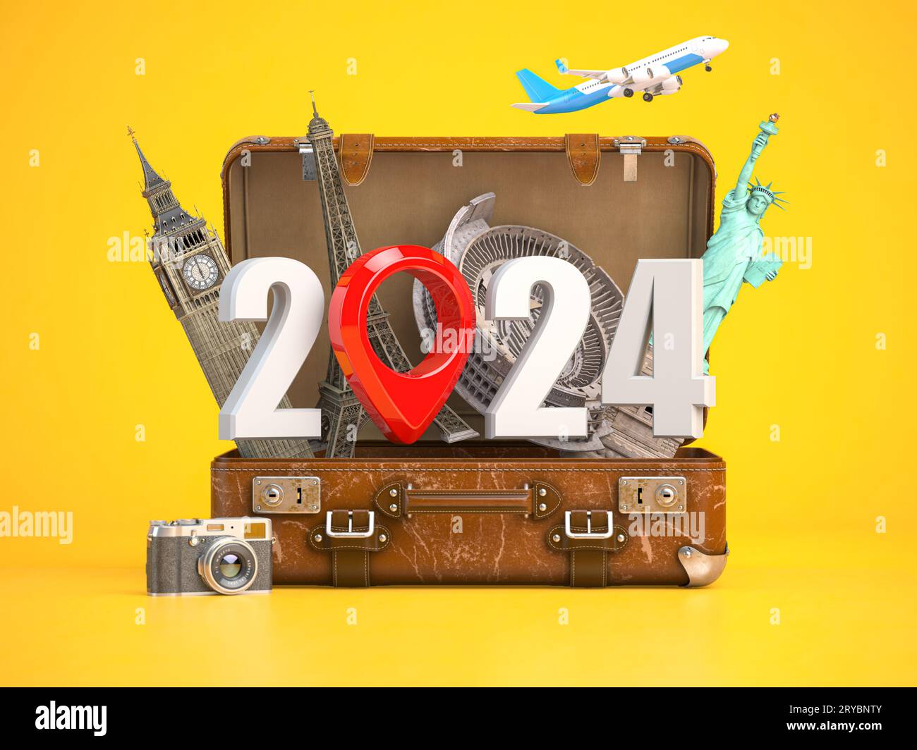 2024 Happy new year. Number 2024 and pin with most popular landmarks of