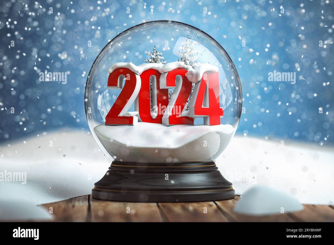 Happy new 2024 year, Snowball witn 2024 on the wooden table. 3d