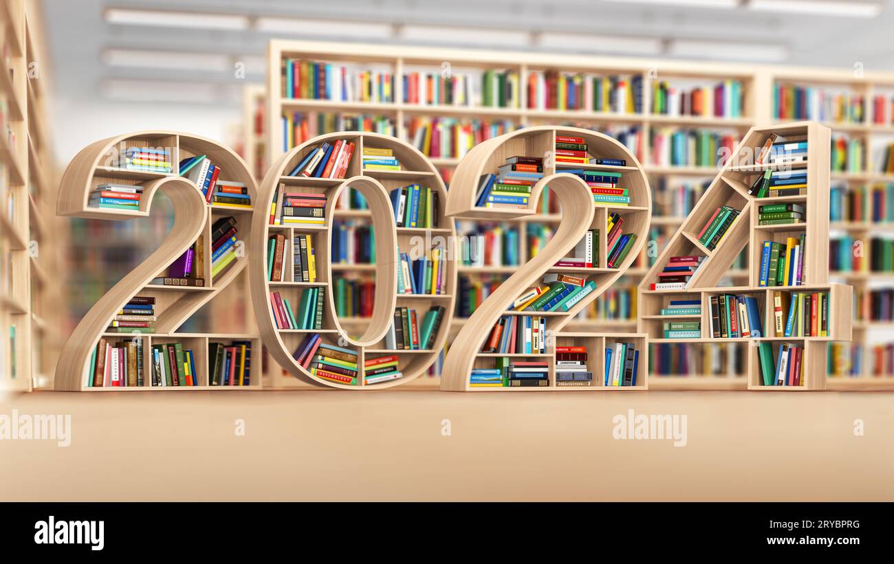 2024 new year education concept. Bookshelves with books in the form of