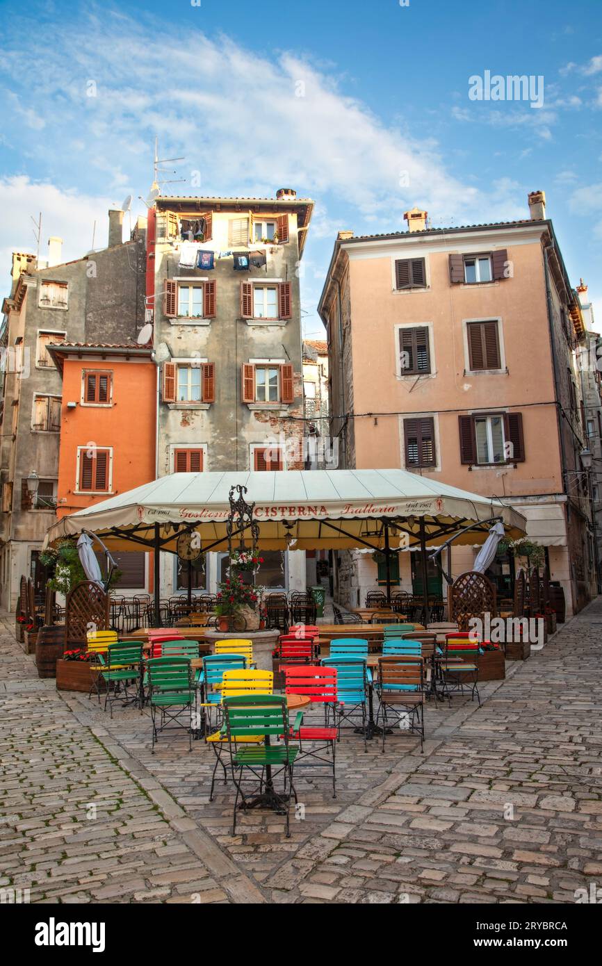 An outdoor Tratoria in the old city of Rovinj, Croatia. Stock Photo