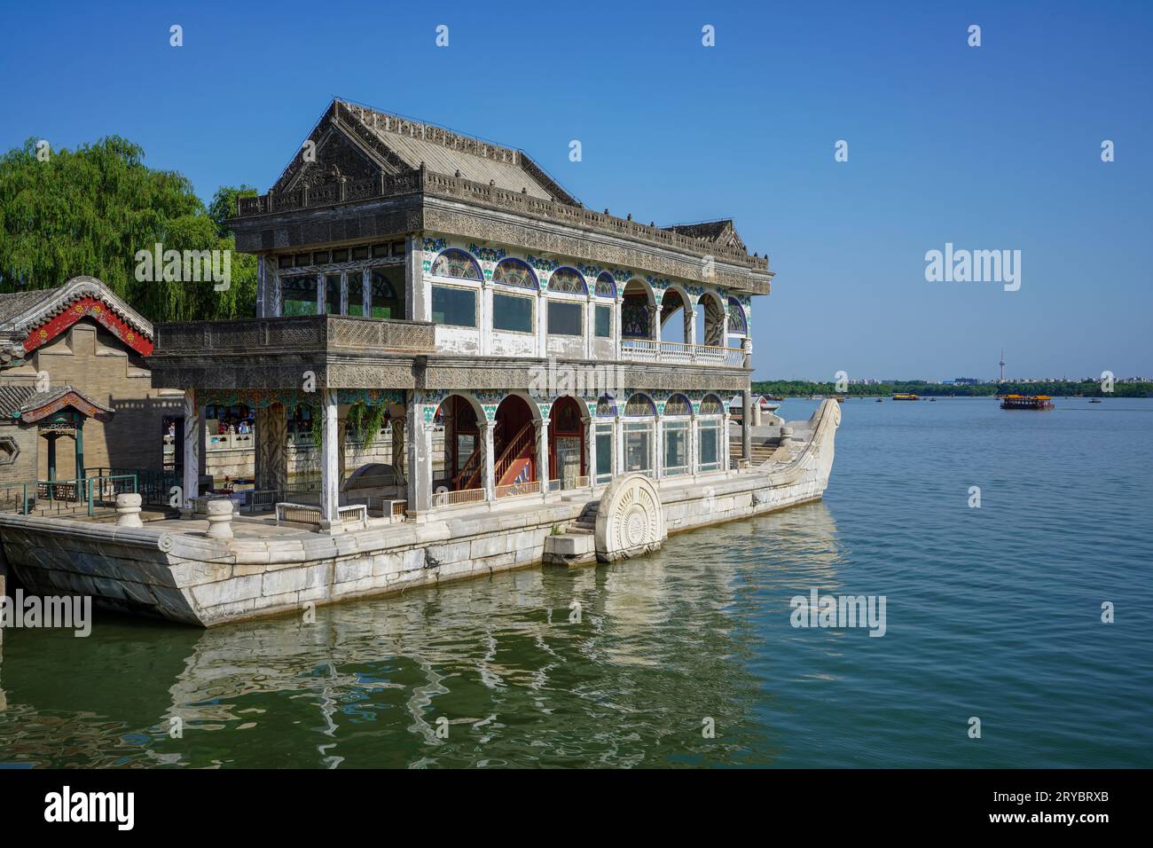 Beijing City, China - July 4, 2023: Stone Boat Landscape in Summer Palace, Beijing. Stock Photo