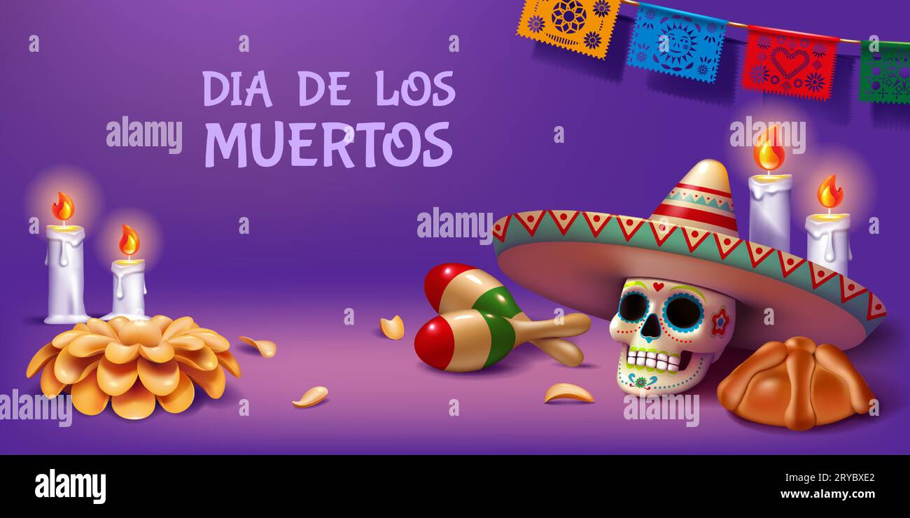 Dead day. Dia de Muertos. 3D Mexican Halloween banner design. Maracas and sombrero hat. Honor of skull. Candles fire. Catrina bones. Holiday celebration. Carnival in Mexico. Vector render background Stock Vector