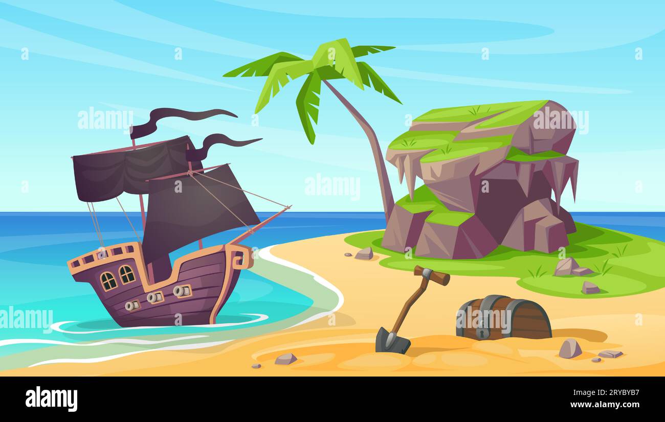 Sea island. Pirate ship. Sand beach. Treasure chest. Tropical palm. Shipwreck in ocean. Sail boat adventure. Black sailing. Wooden caravels wreck. Buccaneers journey. Vector cartoon marine landscape Stock Vector