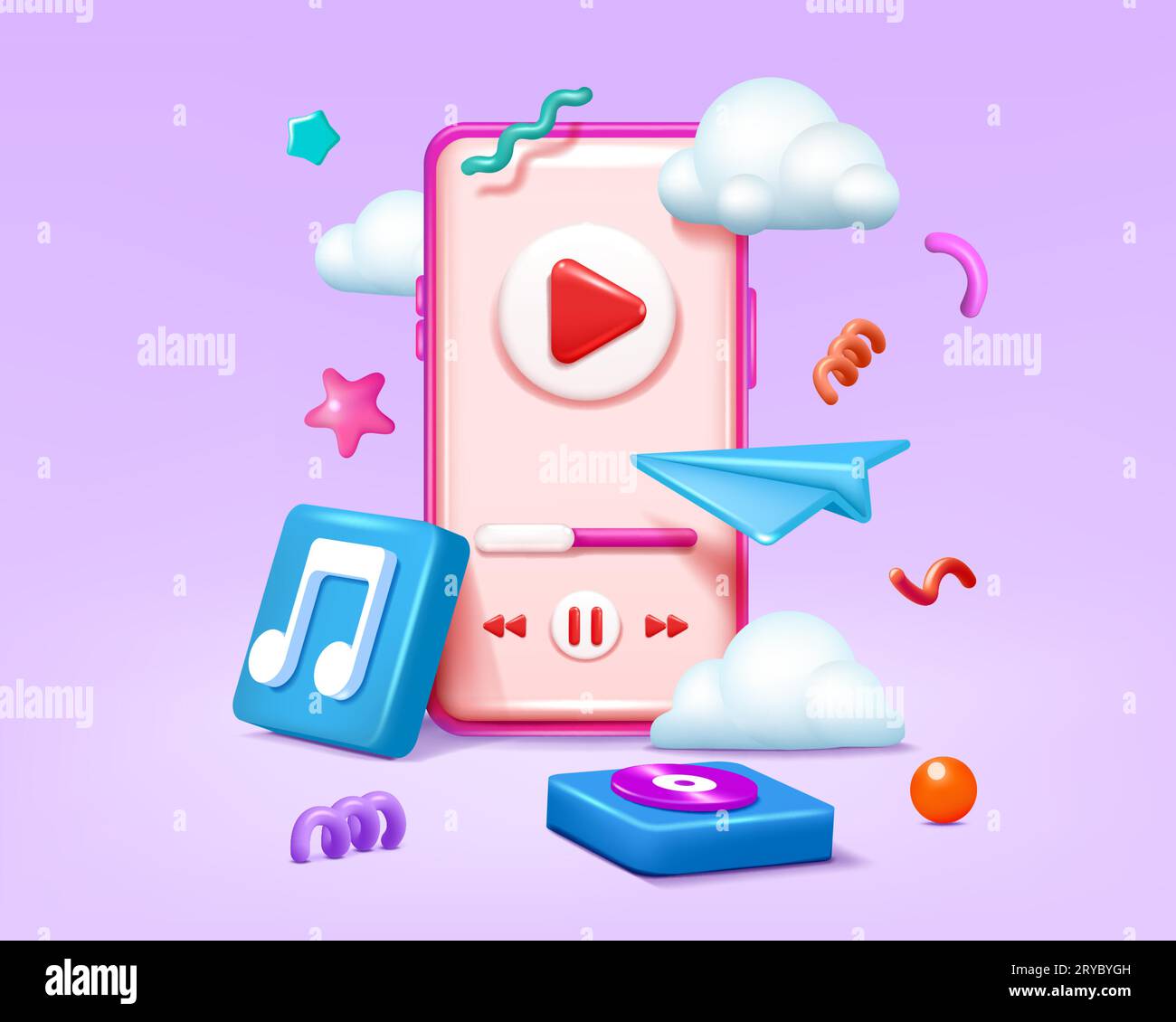 3D music icon. Phone render. Cellphone with playlist app. Online streaming soundtrack play. Radio broadcast. Mobile application. Smartphone player. Device screen. Podcast listen. Vector background Stock Vector