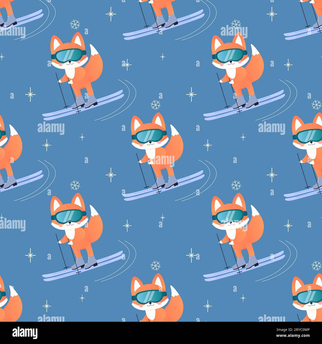 winter sports fox on skis, sledge, snowboard, skates. seamless pattern. on blue background Stock Vector