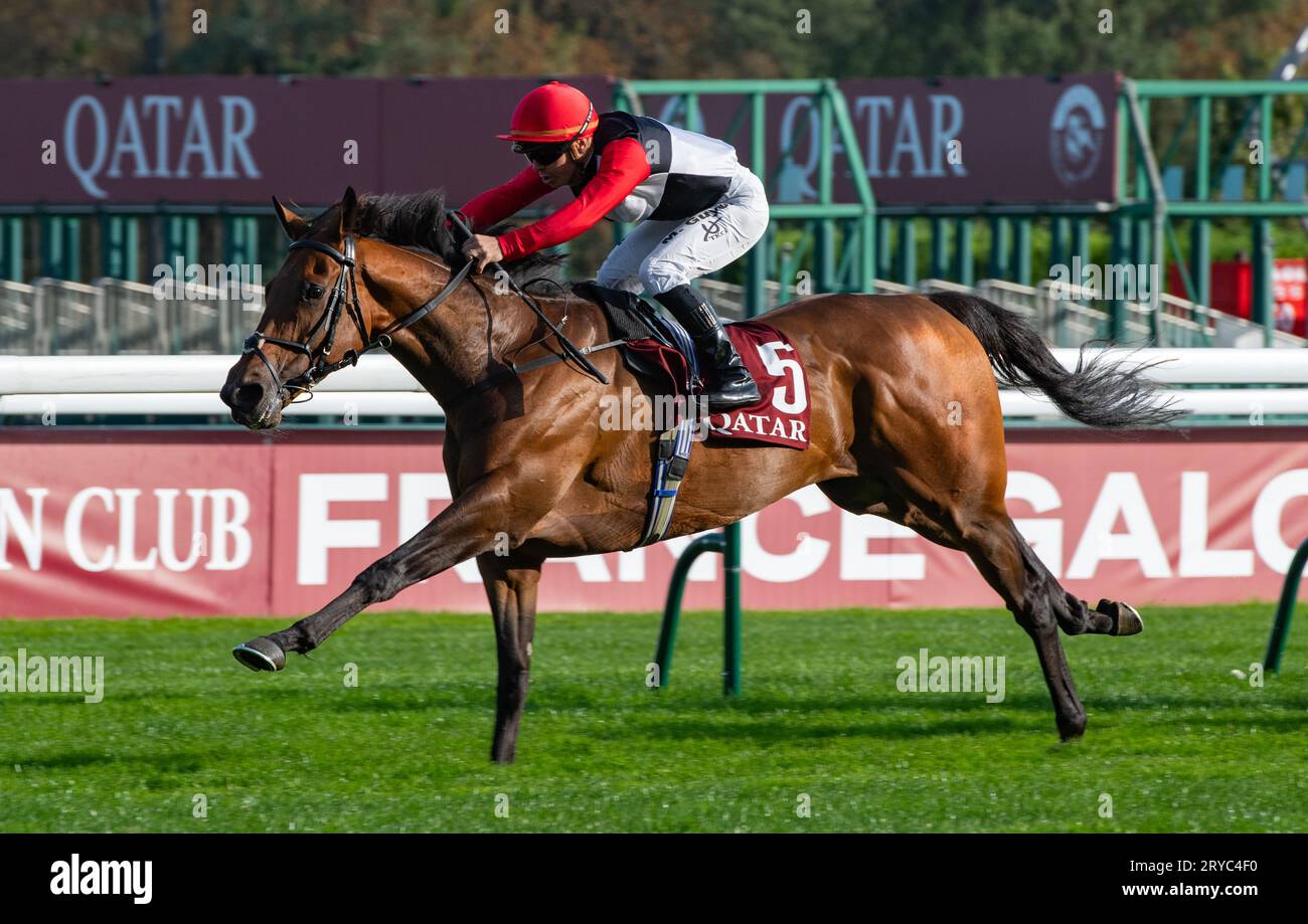 Paris, France, Saturday 30th September 2023. Poker Face and Aurelien Lemaitre win the Group 2 Prix Daniel Wildenstein for trainer Simon & Ed Crisford and owner Mr Edware Ware. Credit JTW Equine Images / Alamy Live News Stock Photo
